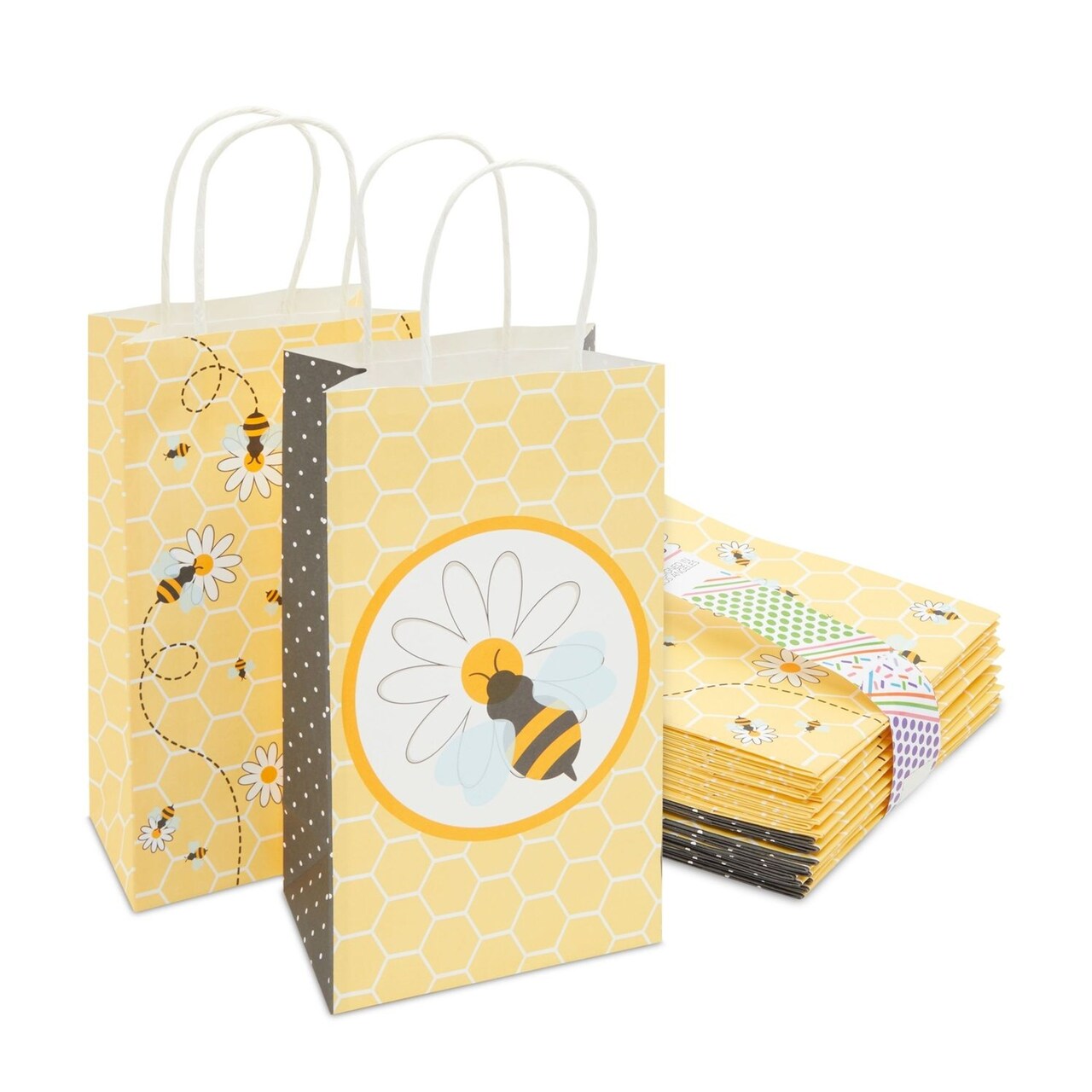 BLUE PANDA Bumble Bee Party Paper Gift Bags - 5.3 x 9 x 3.1 In, 24 Pack, Yellow - Gift Bags with Handles for Bee Party & Baby Shower Favors - Kraft Paper Honeycomb Floral Design